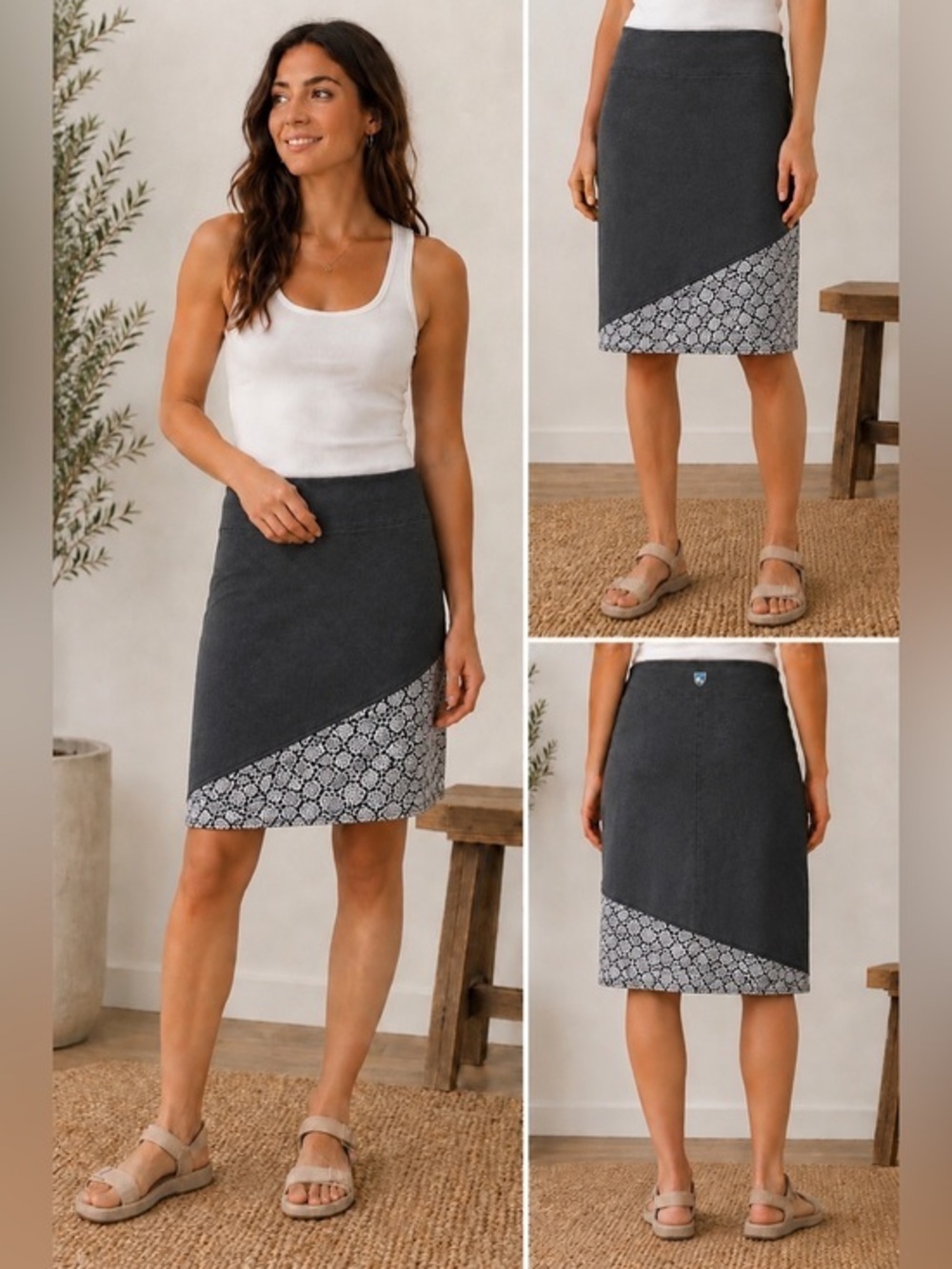 KÜHL Women’s Asymmetrical Skirt Gray Printed Hem XS USA Made Travel Athleisure